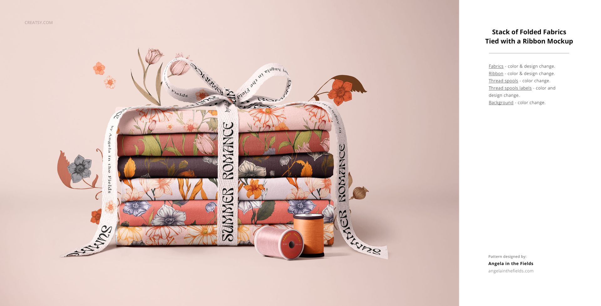 Cotton fabric mockup bundle displayed as neatly folded stacks with floral designs, ribbon accent, and minimal decorative props.