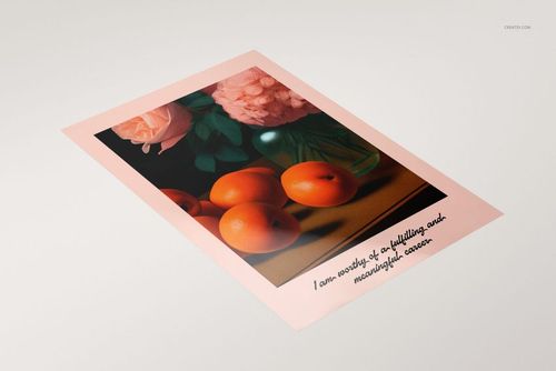 Glossy PVC poster mockup featuring a still life image of pink flowers and oranges, shown at an angled top view.