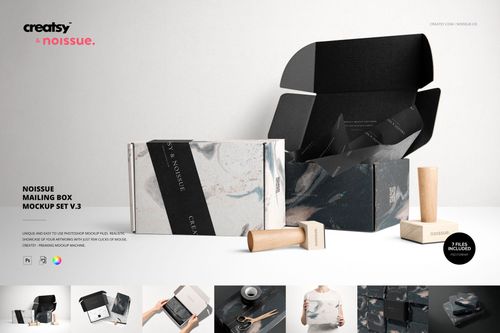 Mailing box mockup set displayed with black and marble pattern, open and closed boxes, and wooden props on a light background.
