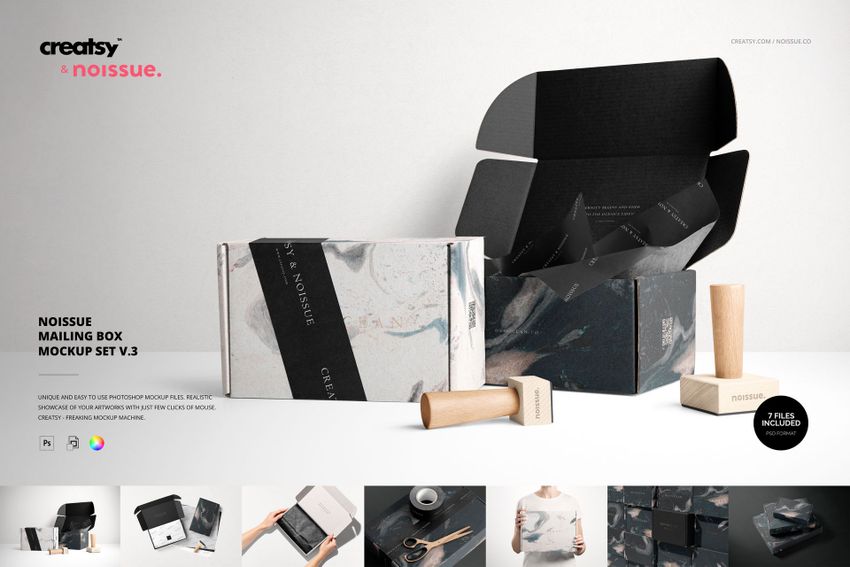 Mailing box mockup set displayed with black and marble pattern, open and closed boxes, and wooden props on a light background.