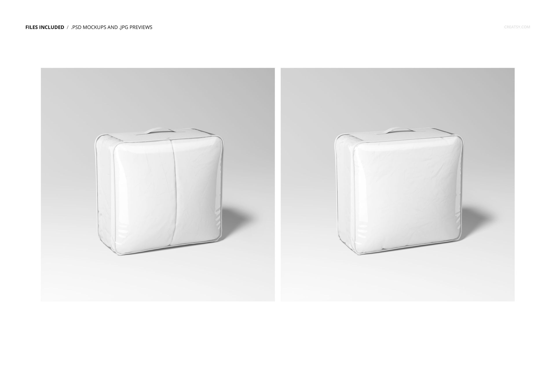 Mockup set featuring a transparent bedding bag with a handle, filled with white material, shown from two angles.