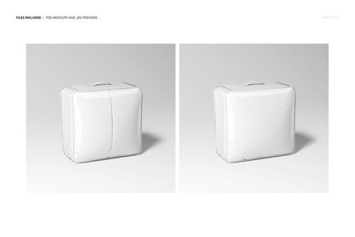Mockup set featuring a transparent bedding bag with a handle, filled with white material, shown from two angles.