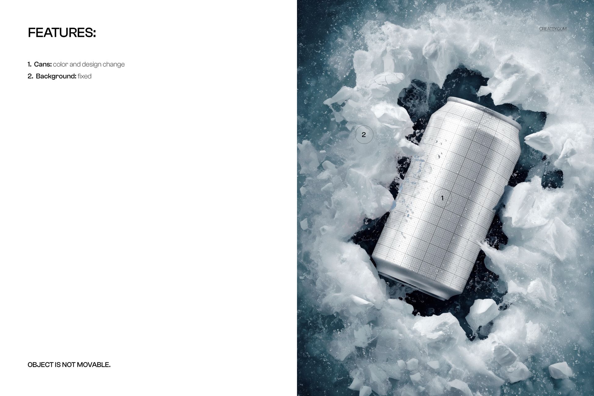 Drinkware can mockup resting in a jagged ice hole, icy blue lake background, overhead perspective.