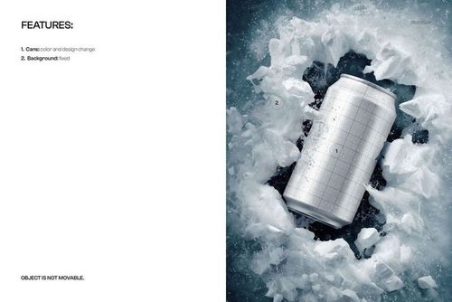 Drinkware can mockup resting in a jagged ice hole, icy blue lake background, overhead perspective.