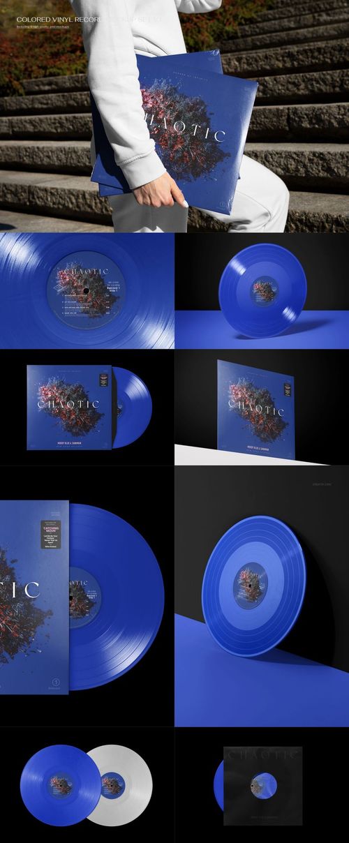 Blue vinyl record mockup with abstract cover design, displayed on steps and against black and blue backgrounds.