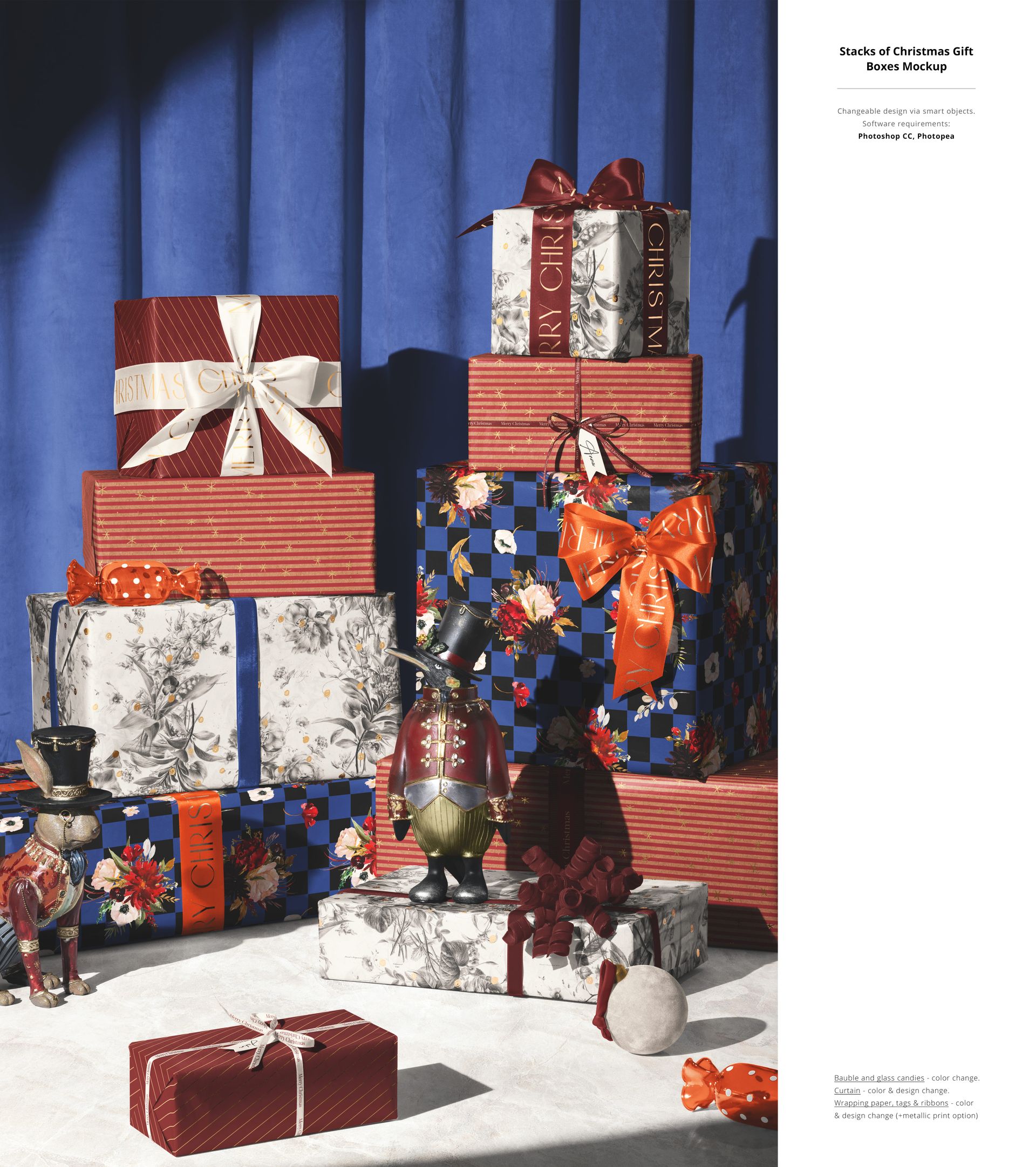 Assorted wrapped presents with decorative ribbons and holiday designs, displayed in a PSD mockup scene with blue curtain.
