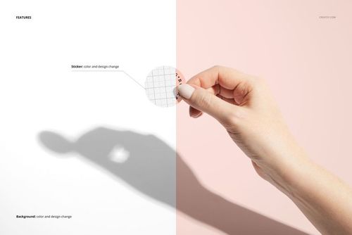 Hand holding a circular sticker mockup, featuring a transparent grid design, with a light pink and white backdrop.