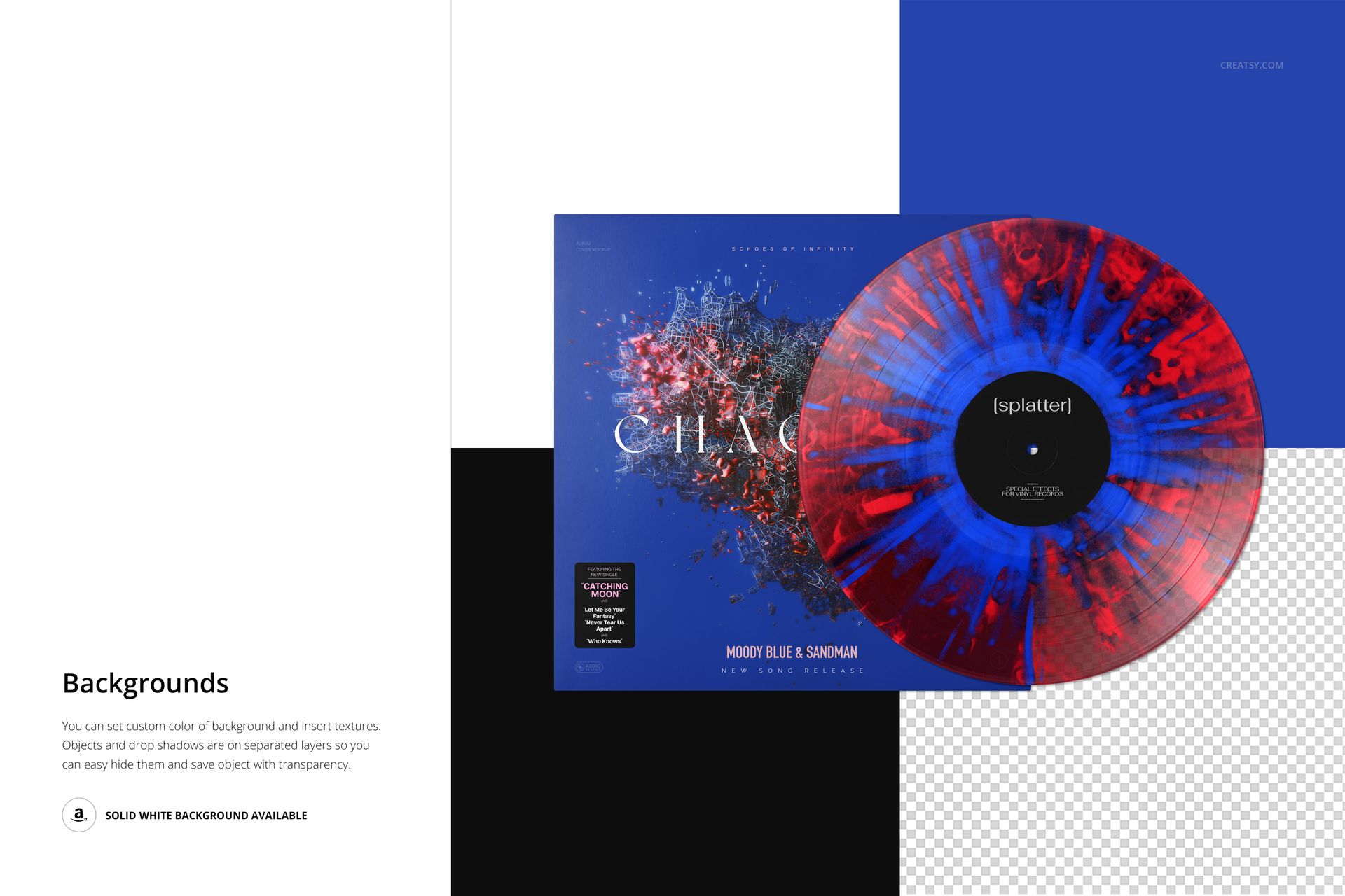 Front view of a splatter effect vinyl record with blue and red patterns, partially inside a matching cover mockup.