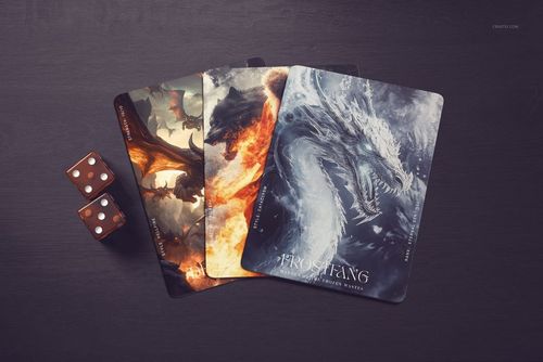 PSD mockup of trading cards with detailed dragon designs in fiery and icy colors, placed next to dice on a tabletop.