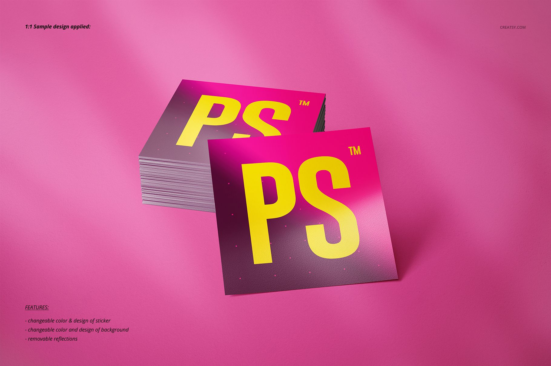 Sticker PSD mockup showing a stack of vibrant pink square stickers with yellow text, displayed on a pink backdrop.