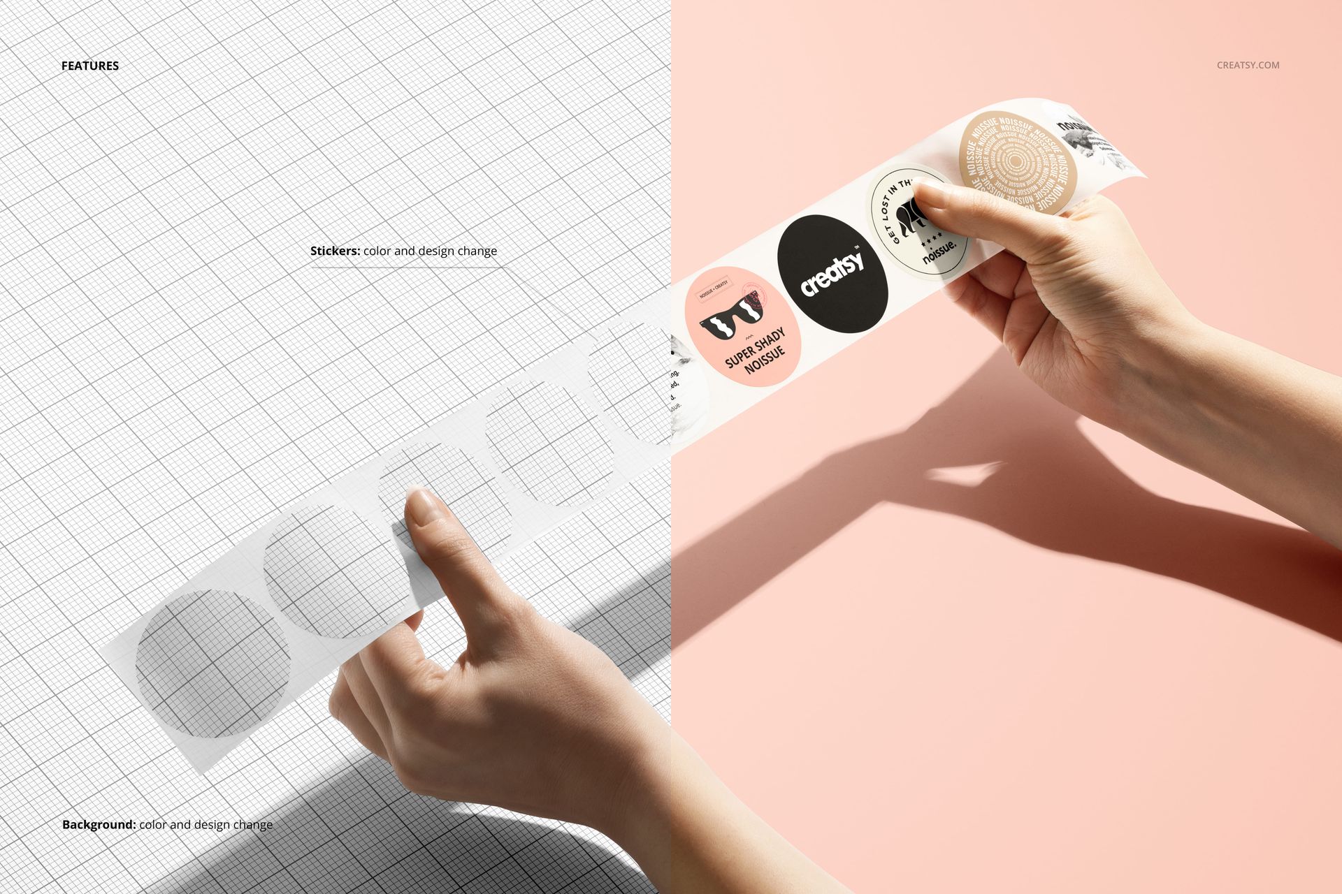 Round stickers tape held by hands, showing multiple sticker designs on a PSD mockup with contrasting backgrounds.