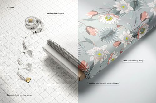 Fabric bolt mockup showing a roll of patterned fabric with floral and leaf designs, split view with measuring tape and grid background.