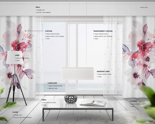 Front view of long curtains with watercolor floral patterns in pink and purple, styled in a modern living room mockup.