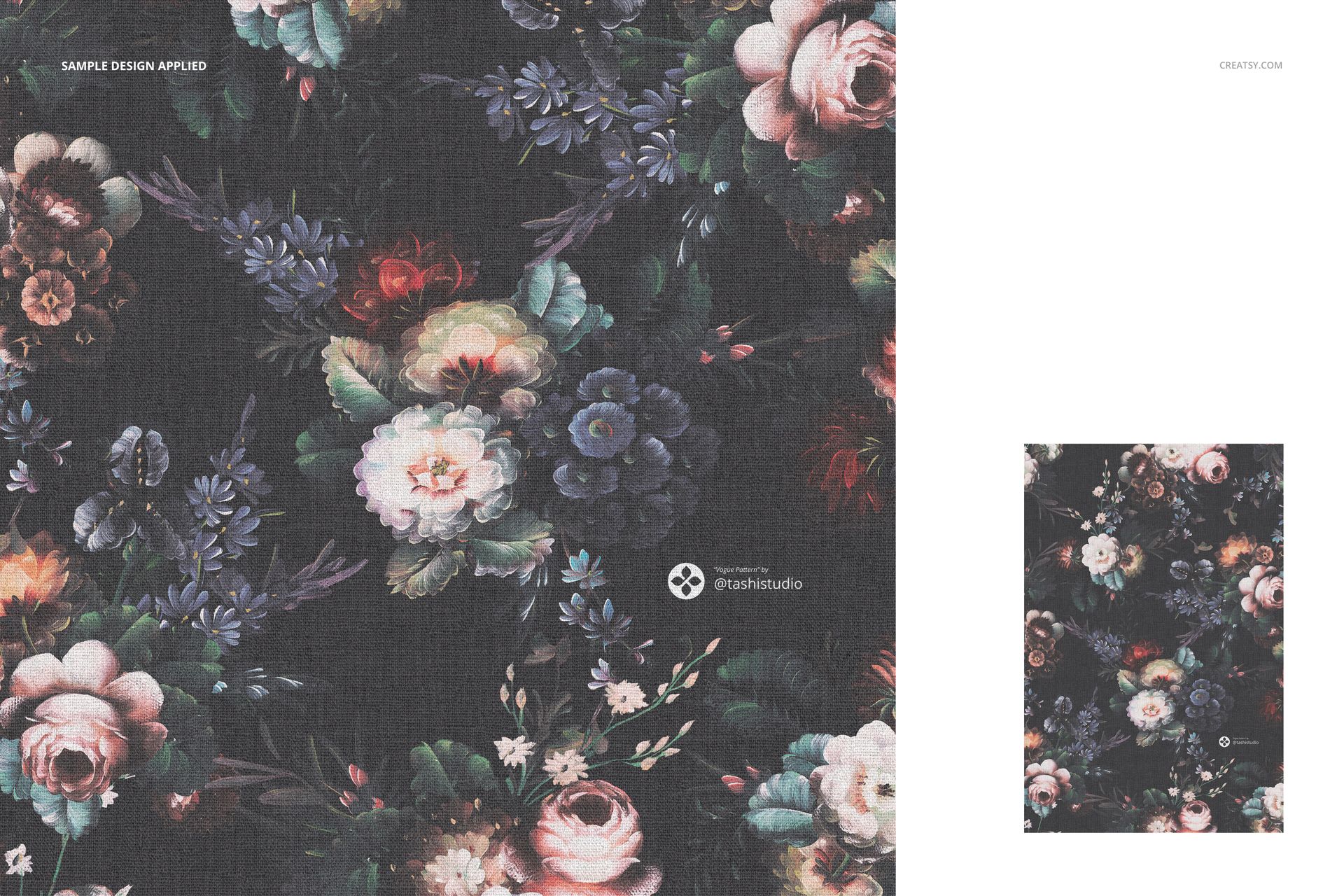 Close-up view of a linen curtain featuring a dark floral pattern with roses and assorted flowers, shown in a mockup set.