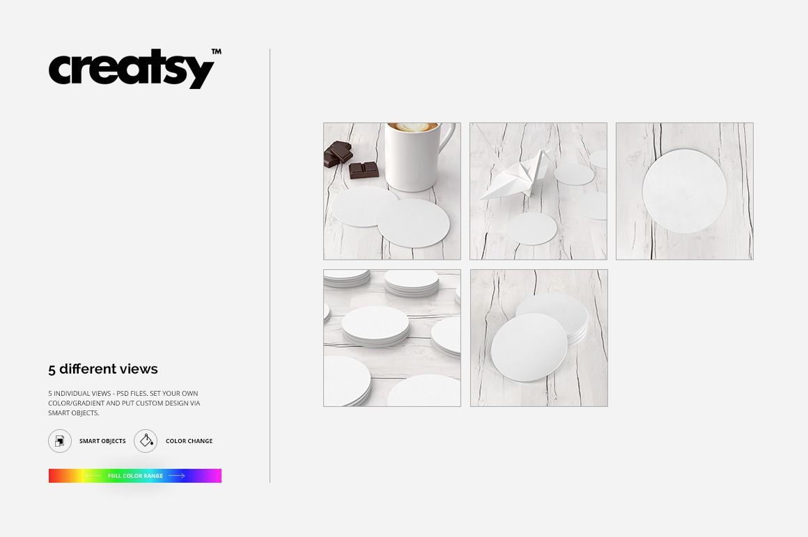 Round coasters mockup set displayed in five different views with blank white surfaces on a light wood background.