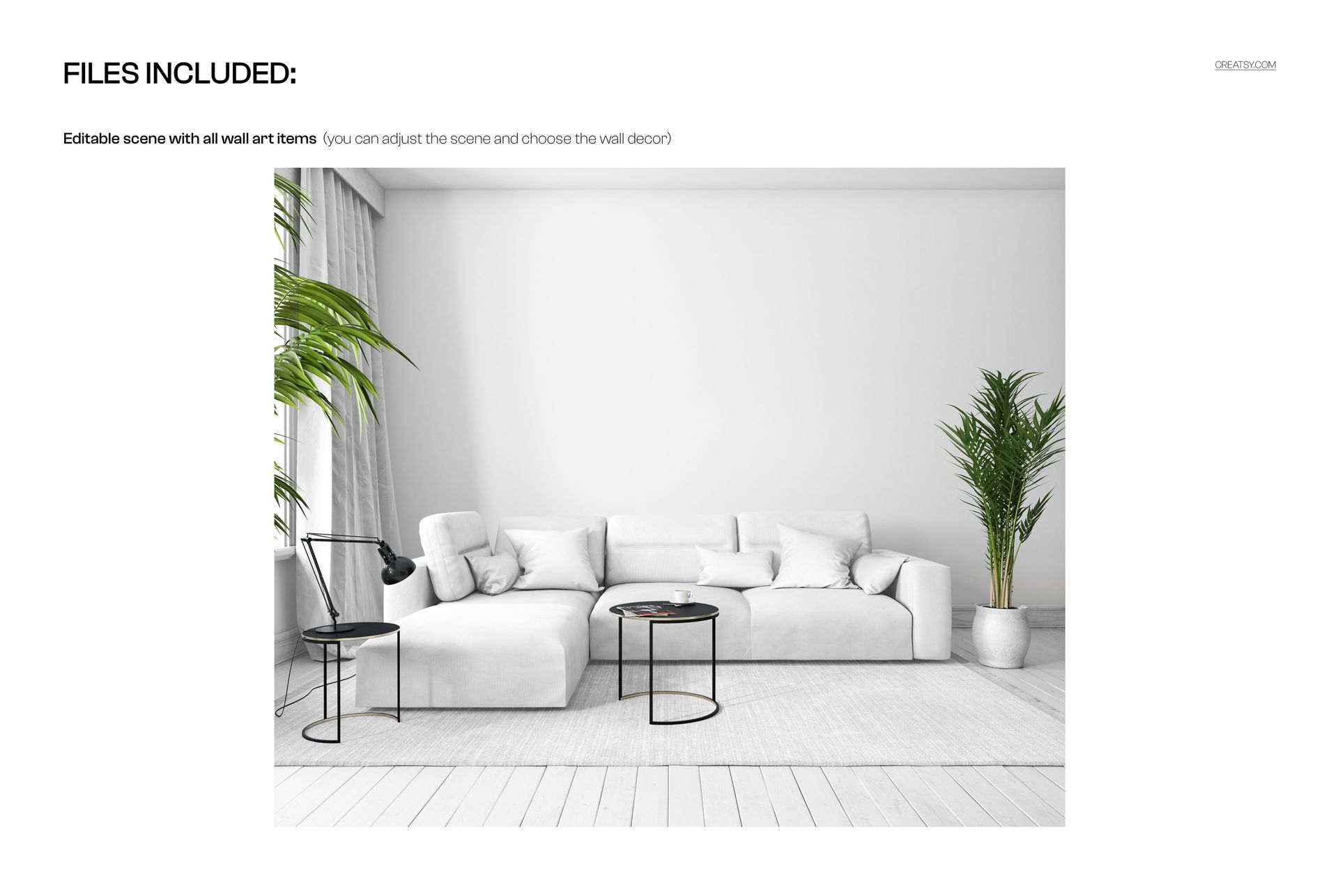 Interior wall art mockup featuring a white sectional sofa, minimalist tables, and lush green plants in a bright room.