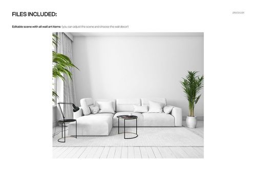 Interior wall art mockup featuring a white sectional sofa, minimalist tables, and lush green plants in a bright room.