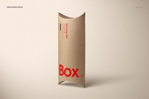 Single kraft paper pillow box mockup displayed vertically, featuring bold red lettering, neutral background.