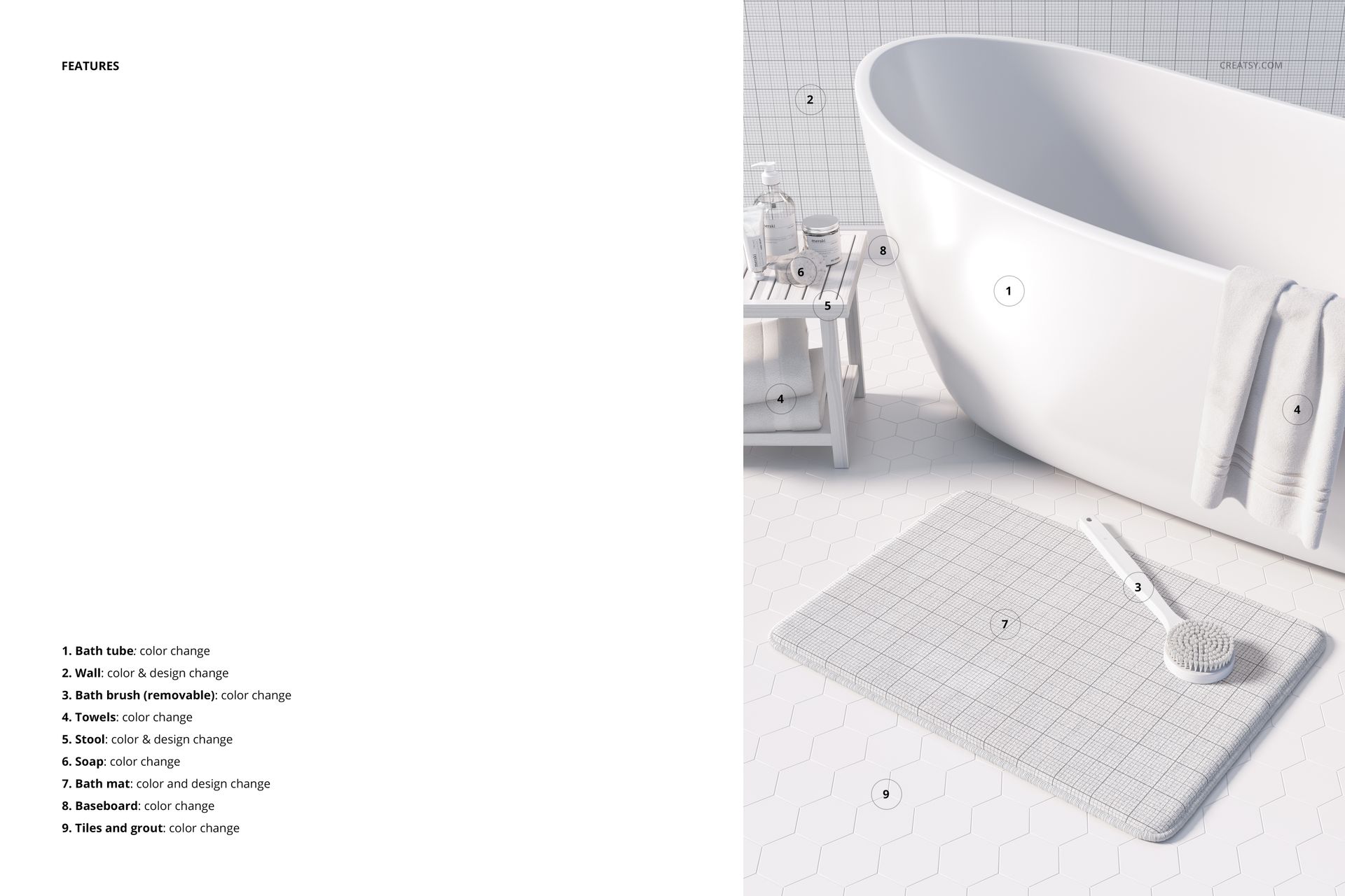 Mockup of a rectangular plush bath rug with light grid lines, set beside a freestanding white tub and shower brush.