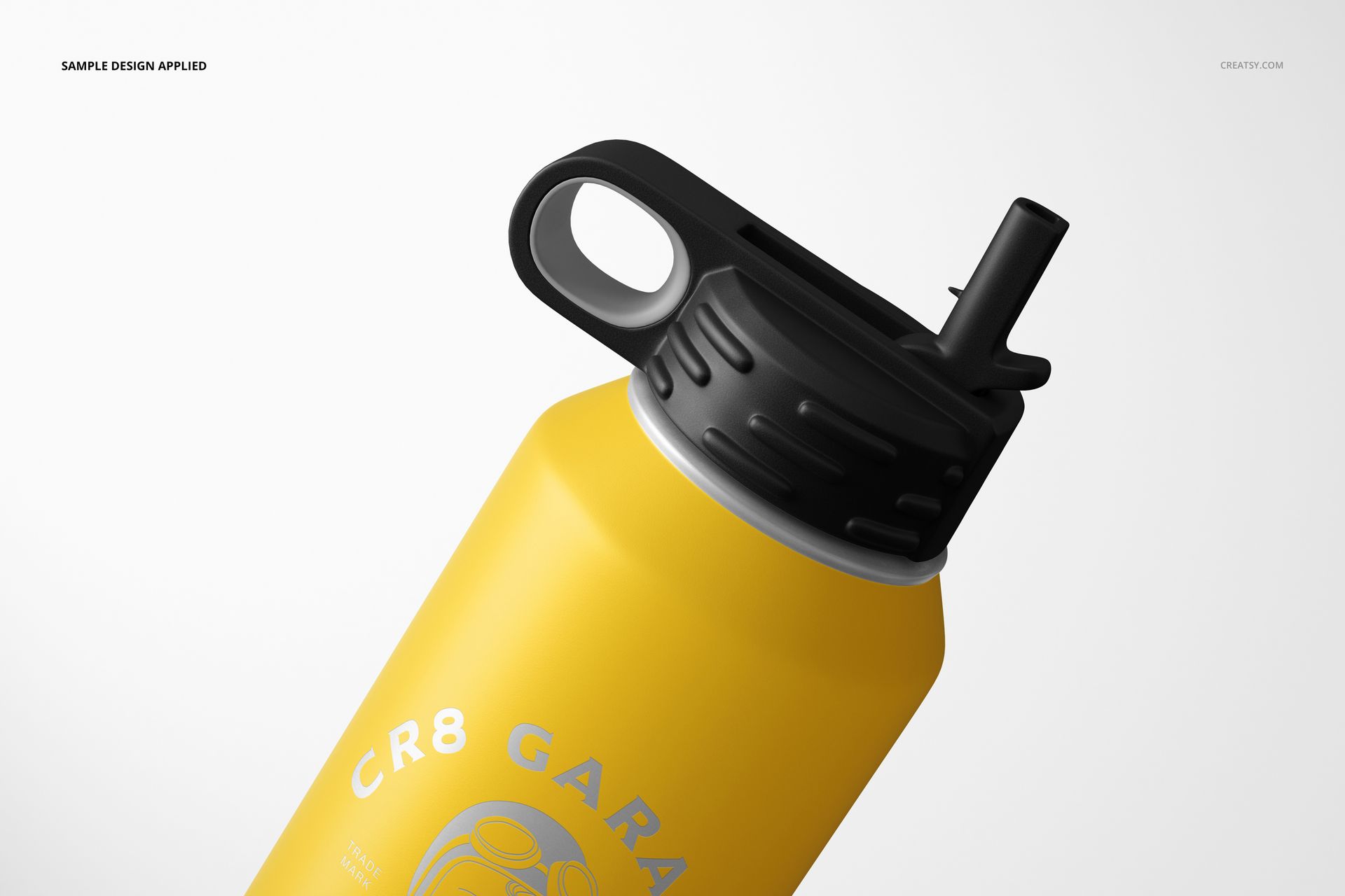 Close-up view of a yellow water bottle mockup with black screw-on lid and straw, angled against a plain backdrop.