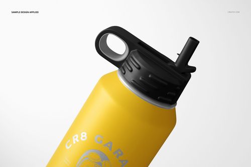 Close-up view of a yellow water bottle mockup with black screw-on lid and straw, angled against a plain backdrop.