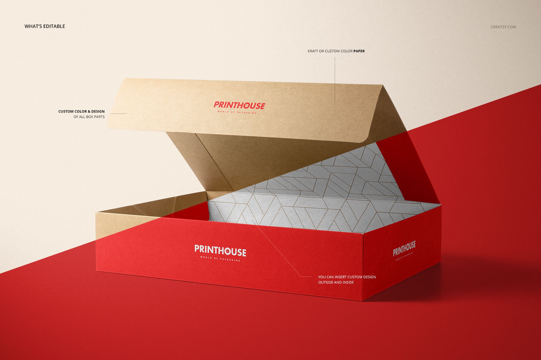 Natural kraft packaging box mockup with geometric interior pattern, open lid, and custom red exterior, front angle view.