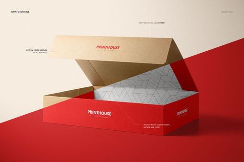 Natural kraft packaging box mockup with geometric interior pattern, open lid, and custom red exterior, front angle view.