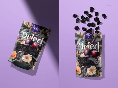 Front and top view of a dried plums paper pouch mockup, floral pattern, dried plums spilling out on purple background.