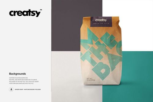 Paper bag mockup standing upright with gradient brown and beige tones, teal lettering, and multi-color background blocks.