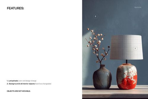PSD mockup showing a ceramic lamp with a patterned drum shade and two vases, set against a muted background.