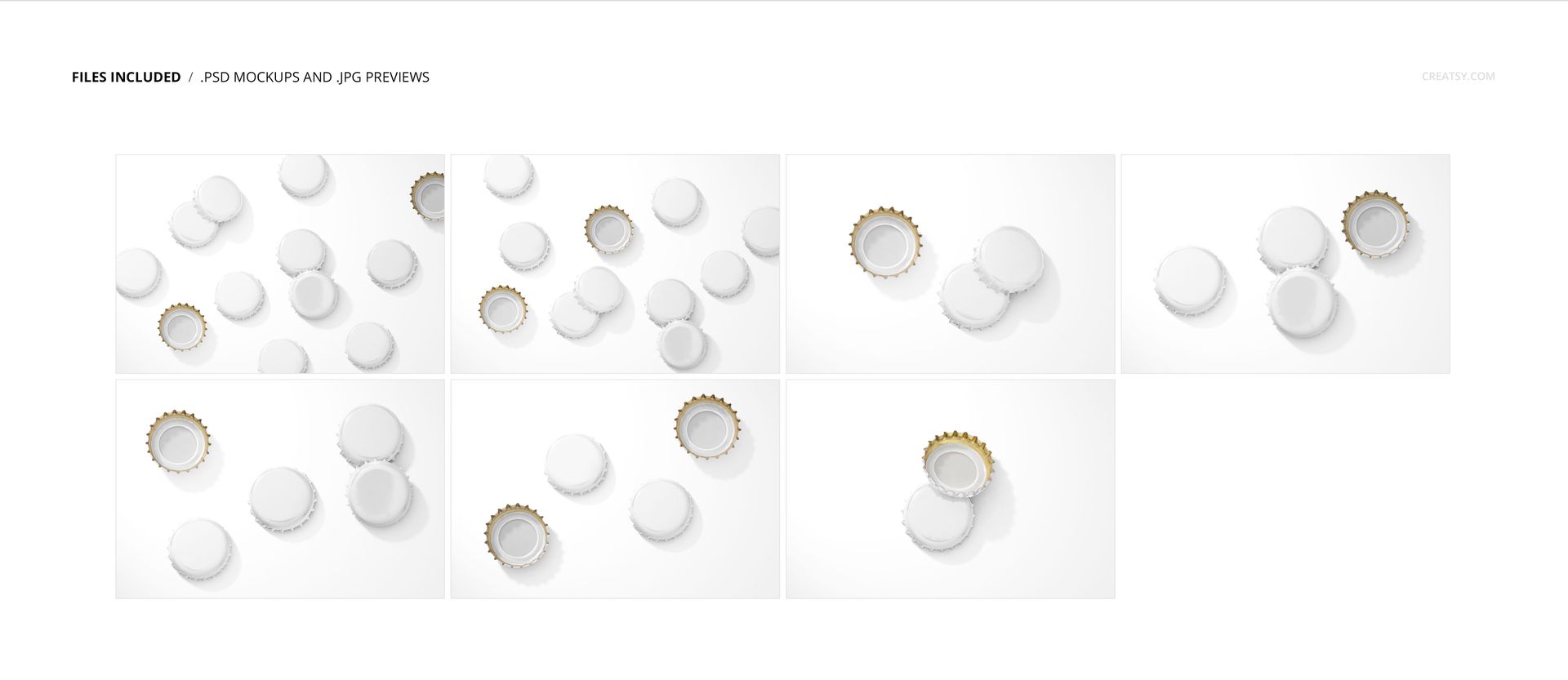Top view of multiple white bottle caps scattered and grouped on a plain white background in a mockup set.