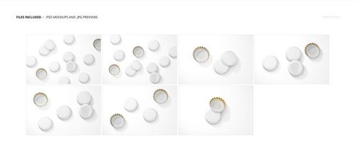 Top view of multiple white bottle caps scattered and grouped on a plain white background in a mockup set.