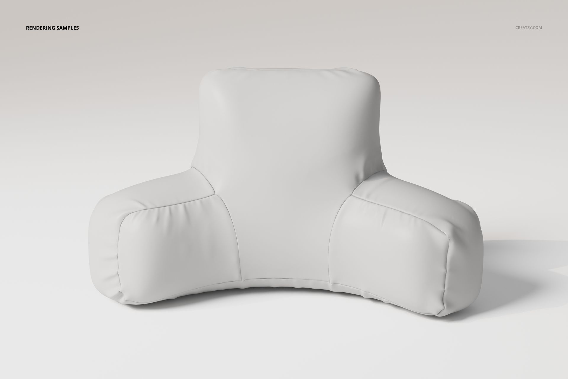 Front view of a reading pillow with a soft, light gray fabric cover and supportive armrests on a neutral background.