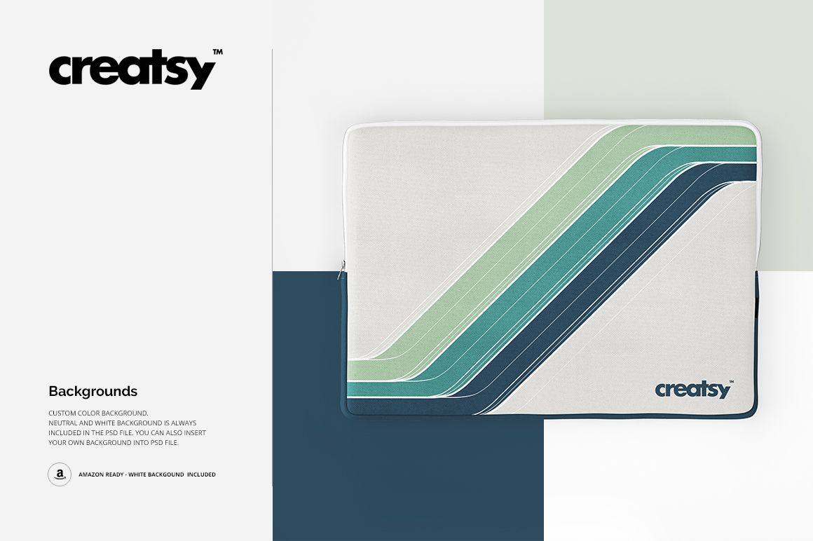 Front view of a canvas laptop sleeve mockup featuring geometric green and blue lines, placed against a white background.