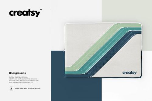 Front view of a canvas laptop sleeve mockup featuring geometric green and blue lines, placed against a white background.