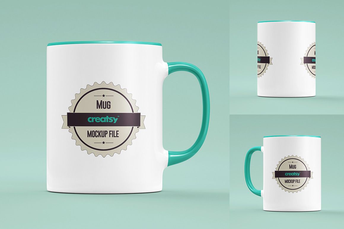 PSD mockup featuring a white mug with teal accents on the rim and handle, displayed in three different perspectives.