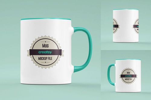 PSD mockup featuring a white mug with teal accents on the rim and handle, displayed in three different perspectives.