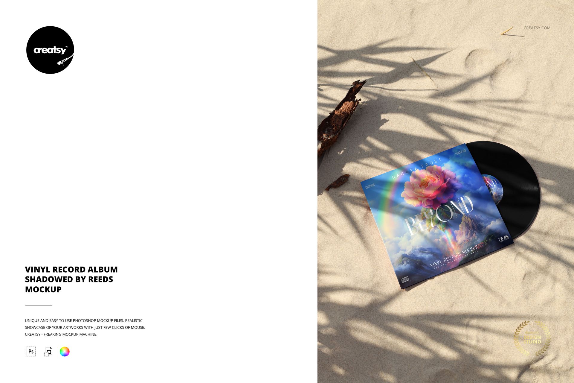PSD mockup showing a vinyl record and its album cover on a beach-like sand surface with reed shadows.