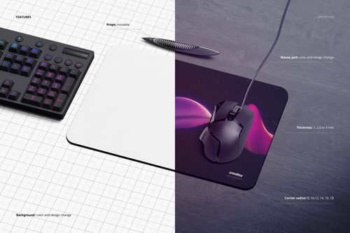 Gaming mouse pad mockup split into two halves, one blank and one with a purple wave design, shown with keyboard and mouse.