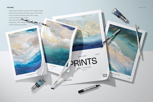 Top view of art paper mockups featuring colorful abstract artwork, paintbrushes, pencils, and scattered paint tubes.