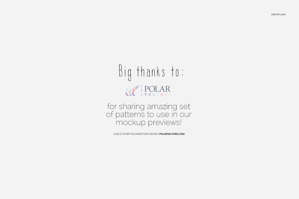 Text on a plain white background thanking Polar Vectors for providing pattern designs for mockup previews.