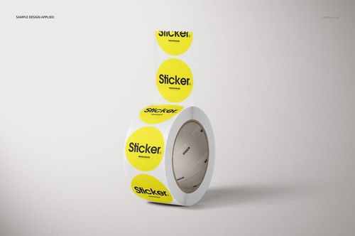Yellow round stickers on a roll with black lettering, displayed in a realistic PSD mockup setting.
