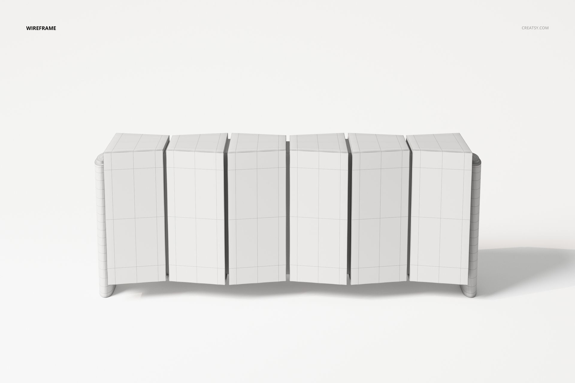 Front view of a postmodern style sideboard with geometric panels, shown in a white wireframe design on a plain background.