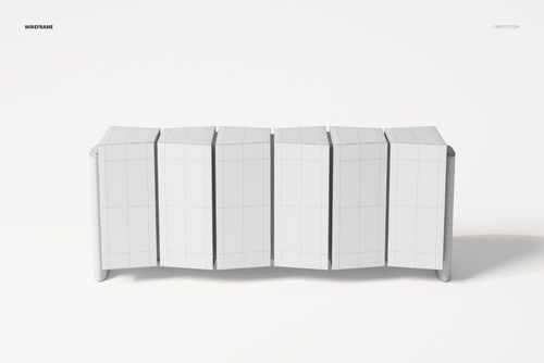 Front view of a postmodern style sideboard with geometric panels, shown in a white wireframe design on a plain background.