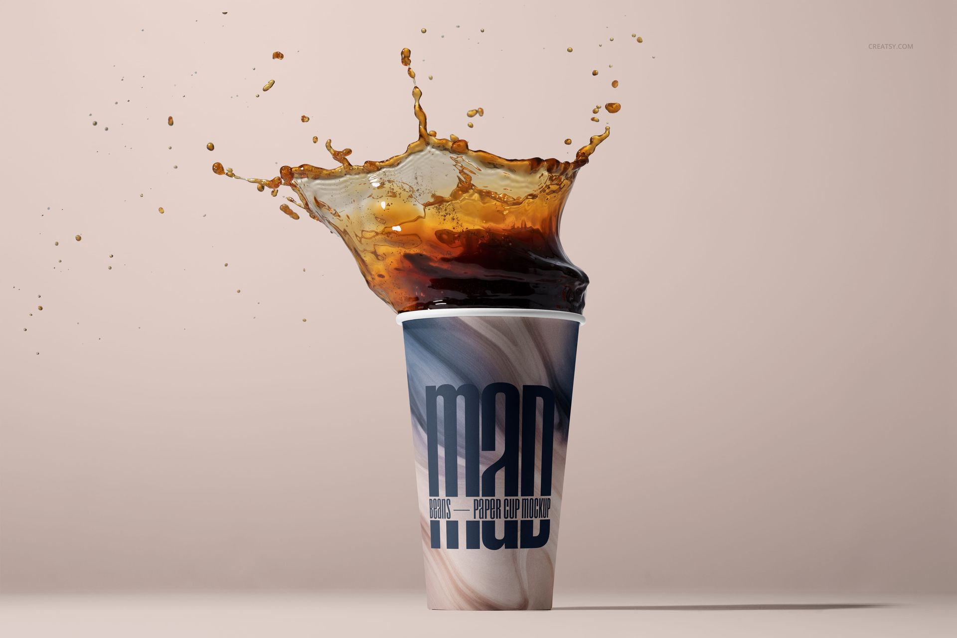 Paper cup mockup featuring swirling coffee splash above the lid, set on a plain studio backdrop with soft shadows.