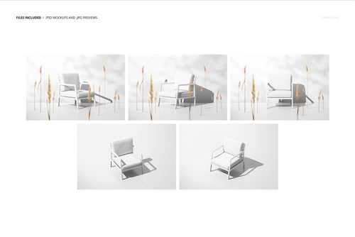 Lounge chair mockup set featuring five white chairs in various angles, surrounded by tall beige grass on a light background.