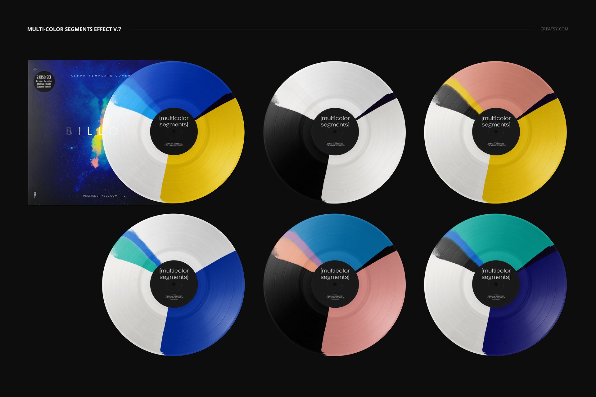 PSD mockup featuring six vinyl records in various color combinations, alongside an illustrated music cover, top view.