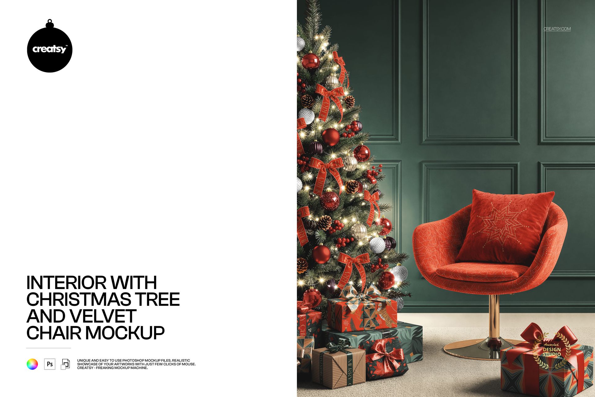 Christmas PSD mockup showing a green wall, sparkling Christmas tree with ornaments, velvet chair, and gift boxes.