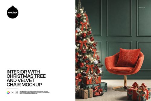 Christmas PSD mockup showing a green wall, sparkling Christmas tree with ornaments, velvet chair, and gift boxes.
