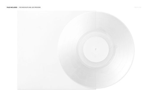Top view of a transparent vinyl record partially inside a plain white cover on a white background, music mockup scene.